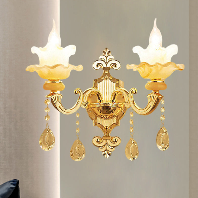 2 Bulbs Wall Mount Lighting Mid-Century Candle Style Crystal Glass Wall Lamp Fixture in Gold