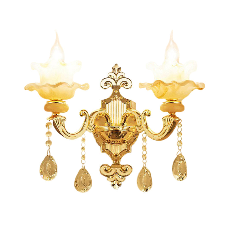2 Bulbs Wall Mount Lighting Mid-Century Candle Style Crystal Glass Wall Lamp Fixture in Gold