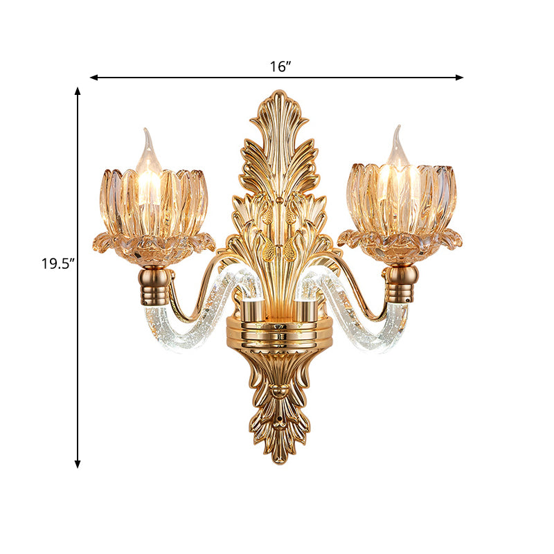 Mid Century Floral Sconce Lamp Fixture 2 Lights Ribbed Glass Wall Mounted Light in Gold