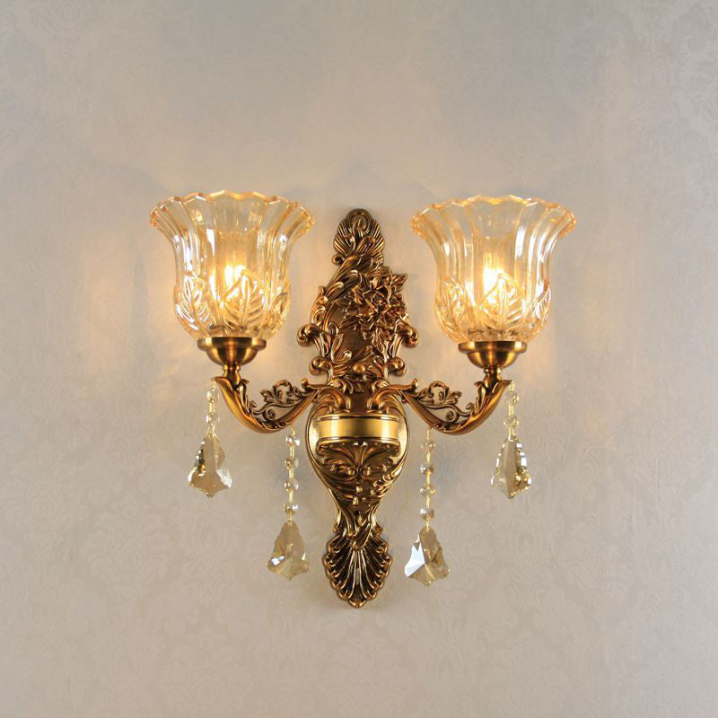 2-Head Wall Lighting Idea with Flower Shade Ribbed Glass Traditional Living Room Wall Lamp in Brass