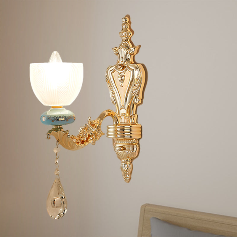 Mid-Century Cup Shape Wall Light Fixture Single Light Latticed Glass Wall Lamp Sconce in Gold