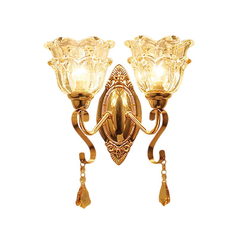 Gold 2 Lights Sconce Lamp Fixture Traditional Clear Crystal Glass Flower Shade Wall Lighting