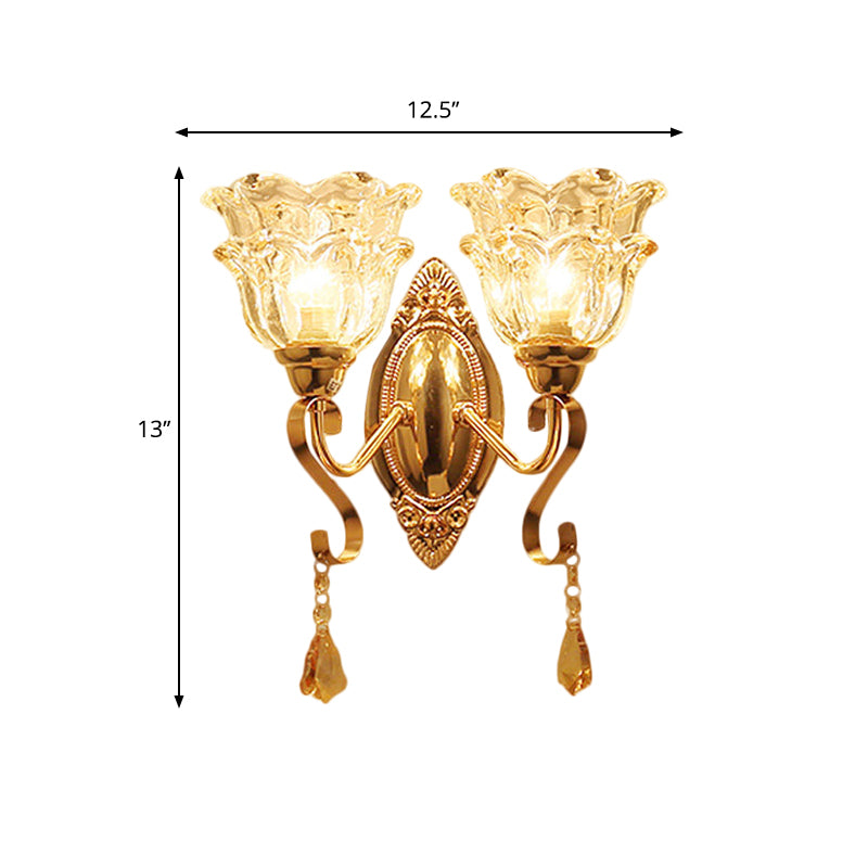 Gold 2 Lights Sconce Lamp Fixture Traditional Clear Crystal Glass Flower Shade Wall Lighting