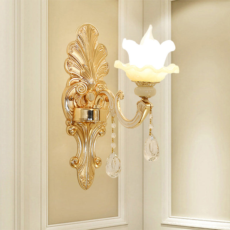 Opal Glass Gold Finish Wall Sconce Flower Shade Single Light Mid Century Wall Mounted Light