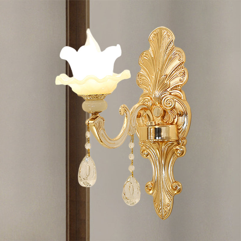 Opal Glass Gold Finish Wall Sconce Flower Shade Single Light Mid Century Wall Mounted Light