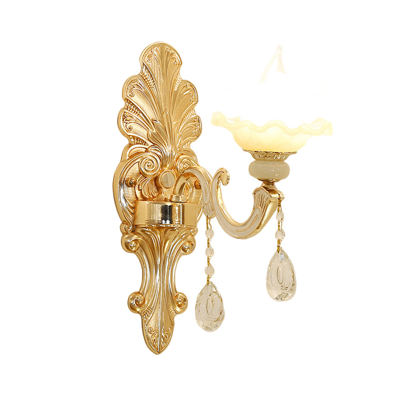 Opal Glass Gold Finish Wall Sconce Flower Shade Single Light Mid Century Wall Mounted Light