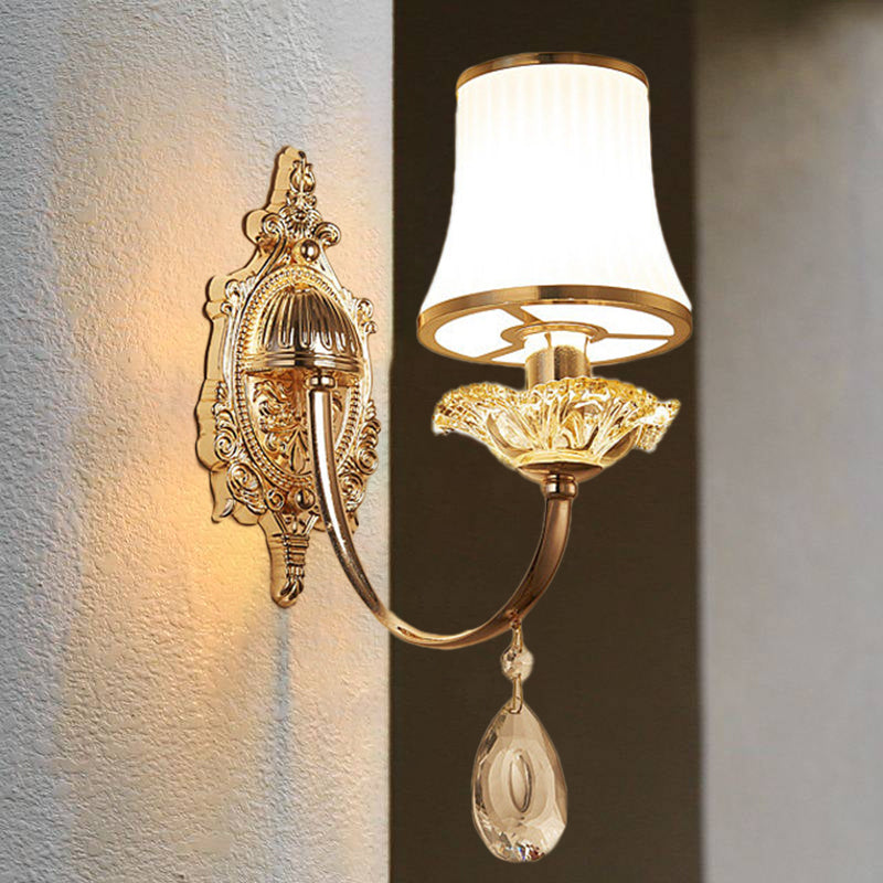 Arced Jar Bedside Wall Light Fixture Mid Century Frosted Glass 1 Bulb Gold Wall Mount Lamp