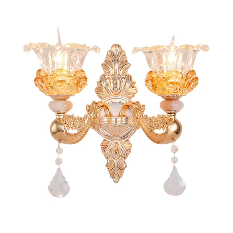 Gold 2 Bulbs Sconce Lamp Traditional Clear Crystal Glass Floral Wall Mount Light Fixture