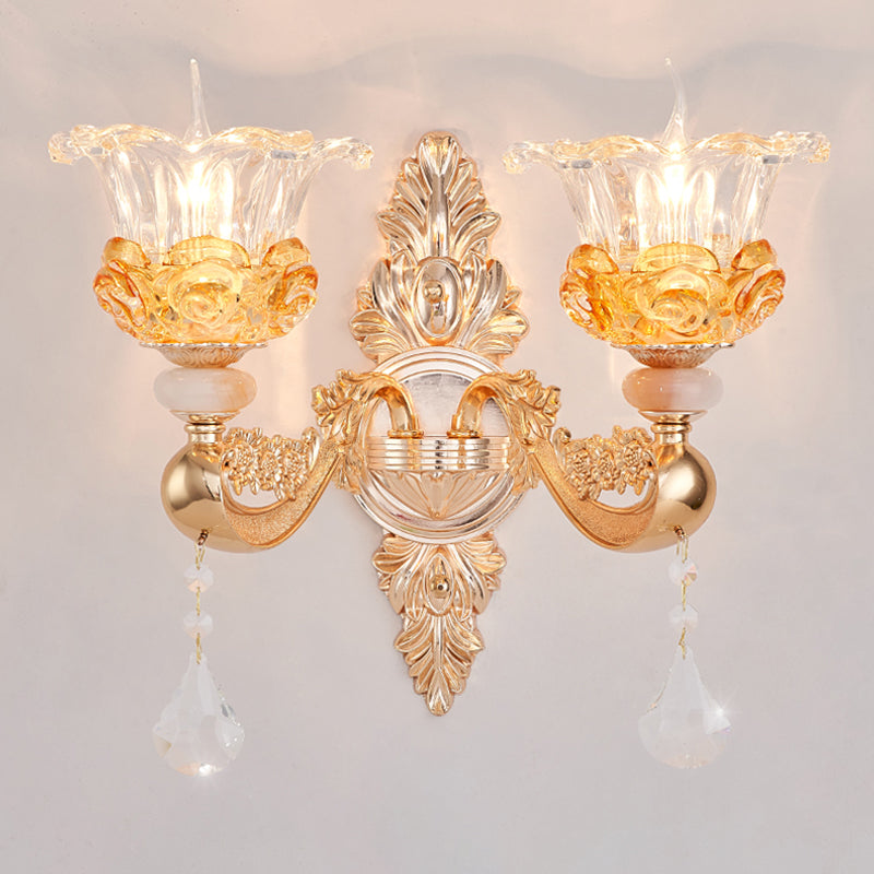 Gold 2 Bulbs Sconce Lamp Traditional Clear Crystal Glass Floral Wall Mount Light Fixture