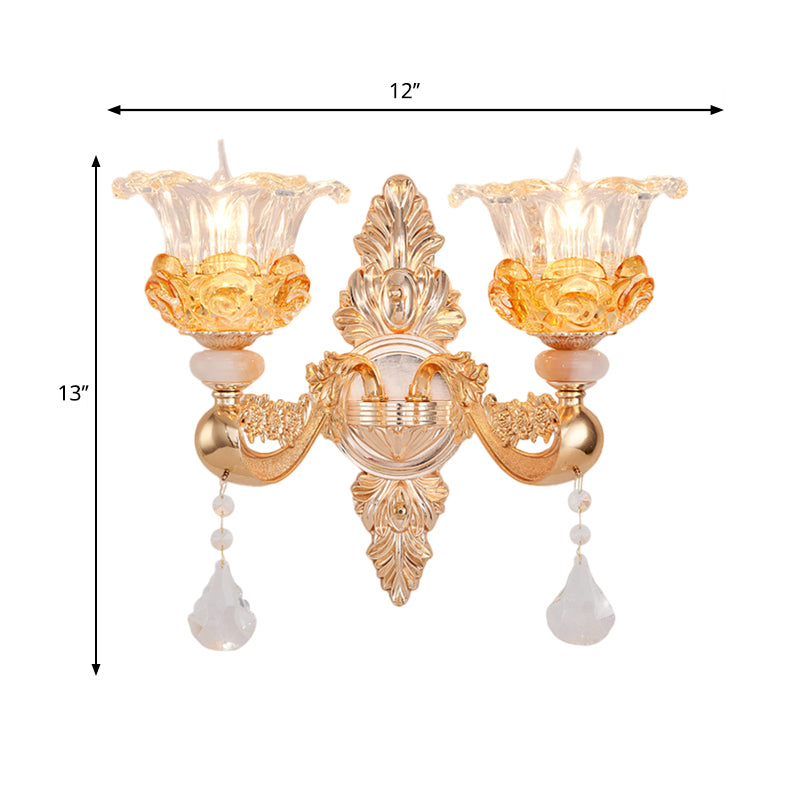 Gold 2 Bulbs Sconce Lamp Traditional Clear Crystal Glass Floral Wall Mount Light Fixture