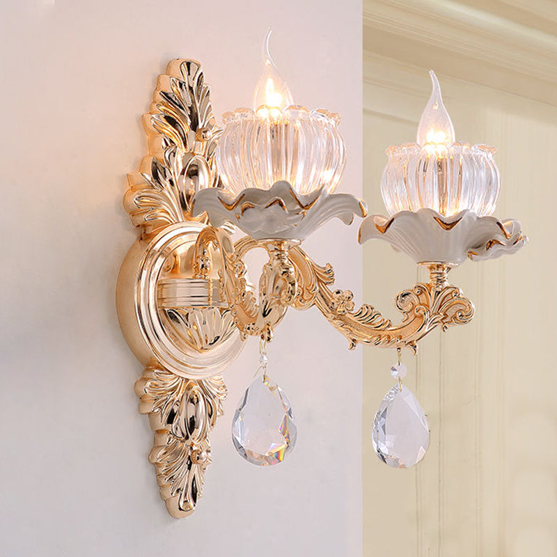 Traditional Ruffle Wall Mount Light 1/2-Head Clear Ribbed Glass Sconce Lighting with Carved Arm in Gold