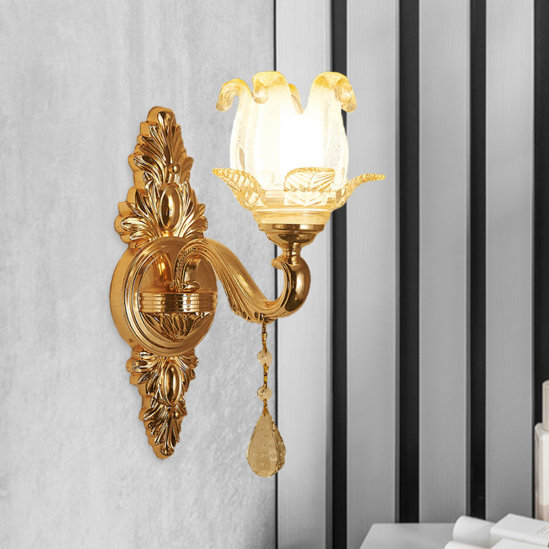 Gold 1/2-Bulb Sconce Light Traditional Frosted Glass Floral Wall Lighting Ideas for Living Room