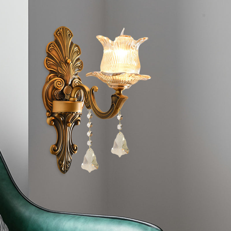 Brass Single-Bulb Wall Sconce Traditional Ribbed Glass 2 Layers Floral Wall Mounted Lighting