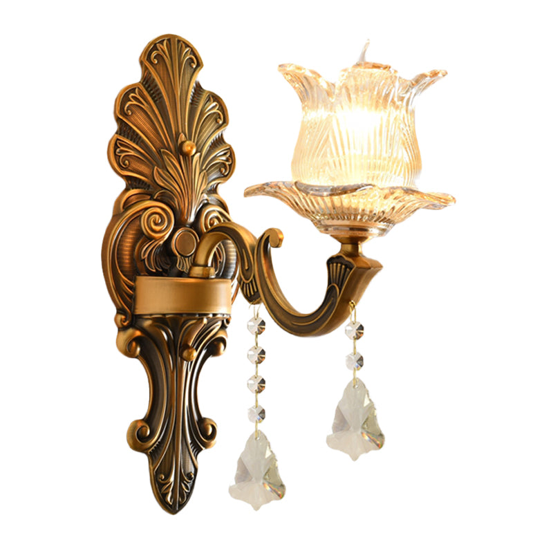 Brass Single-Bulb Wall Sconce Traditional Ribbed Glass 2 Layers Floral Wall Mounted Lighting