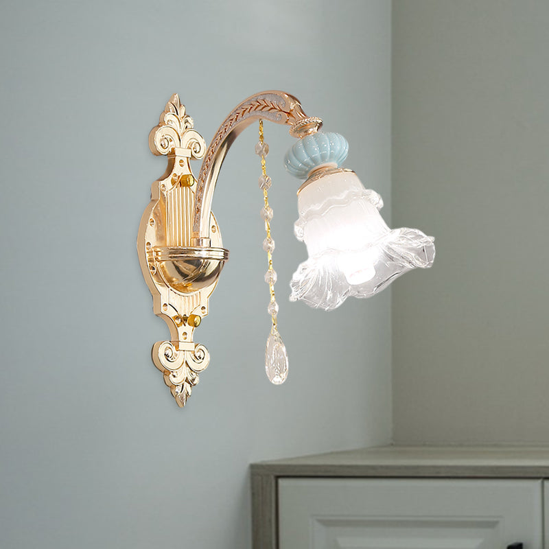 Blue 1/2-Light Sconce Lighting Traditional Opal Frosted Glass Ruffle Trim Wall Lamp with Ceramic Accent