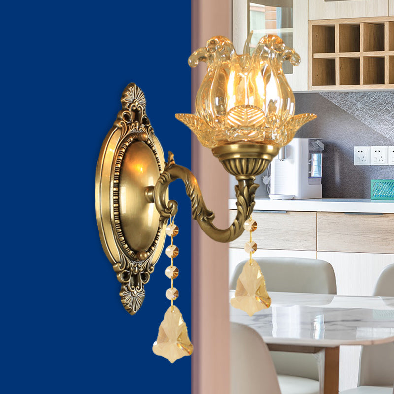 Traditional Semi-Open Flower Sconce 1/2-Light Clear Glass Wall Mount Lighting in Brass