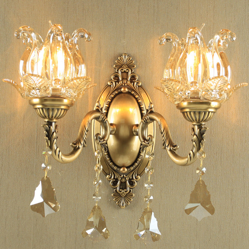 Traditional Semi-Open Flower Sconce 1/2-Light Clear Glass Wall Mount Lighting in Brass