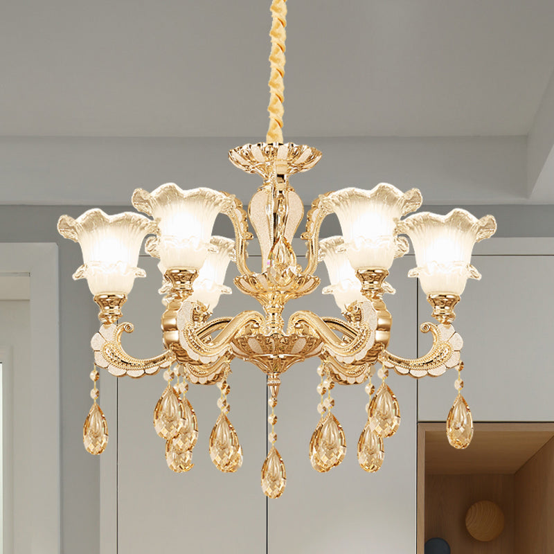 Frosted Glass Gold Pendant Light Ruffle 6 Heads Traditional Chandelier Lamp for Dining Room