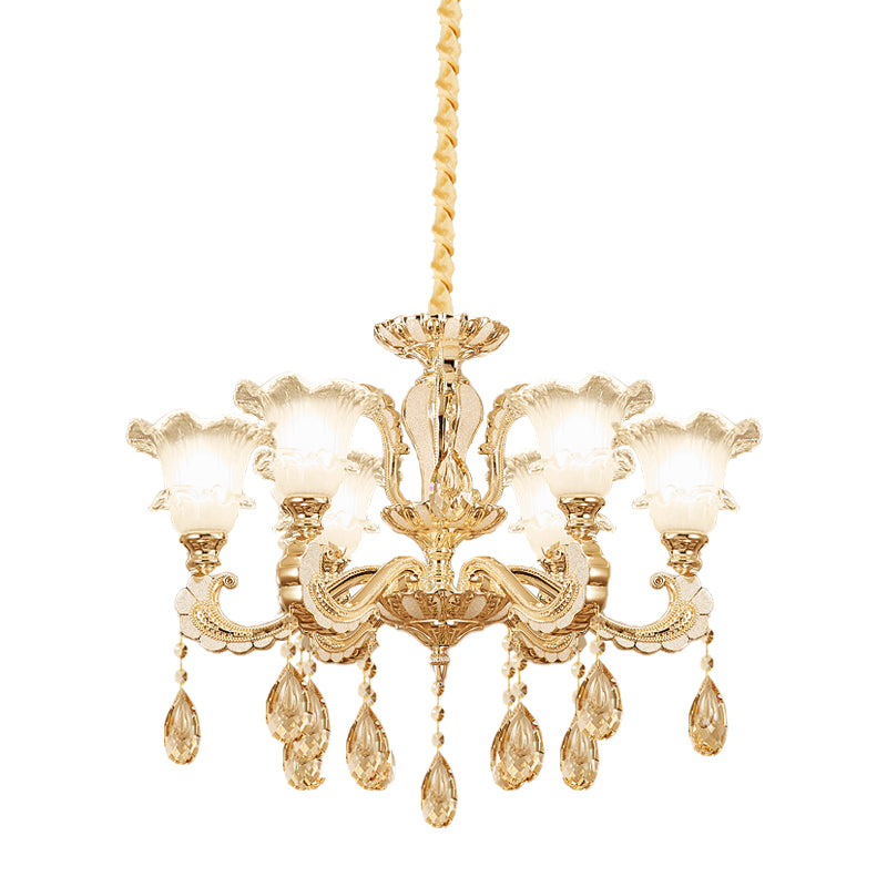 Frosted Glass Gold Pendant Light Ruffle 6 Heads Traditional Chandelier Lamp for Dining Room