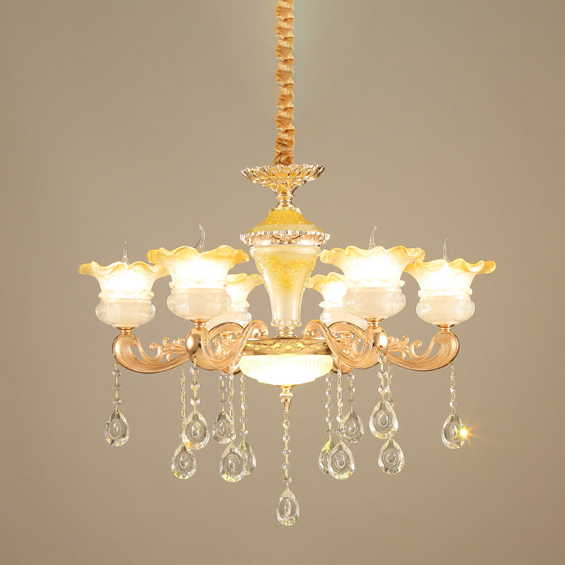 Fading Yellow Glass Ruffle Chandelier Postmodern 6 Lights Hotel Hanging Lamp in Gold