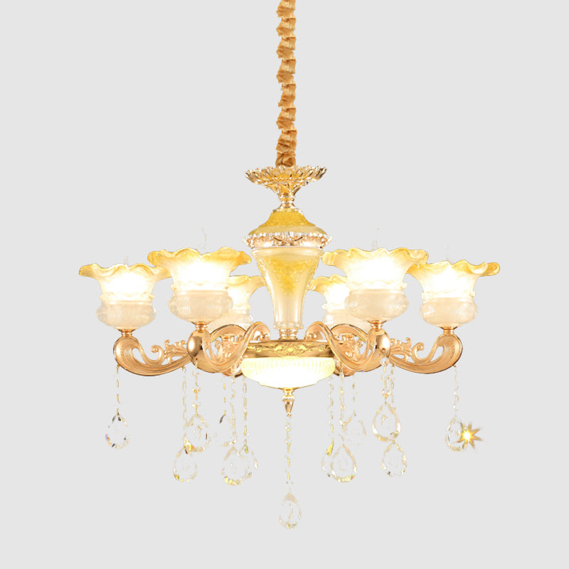 Fading Yellow Glass Ruffle Chandelier Postmodern 6 Lights Hotel Hanging Lamp in Gold