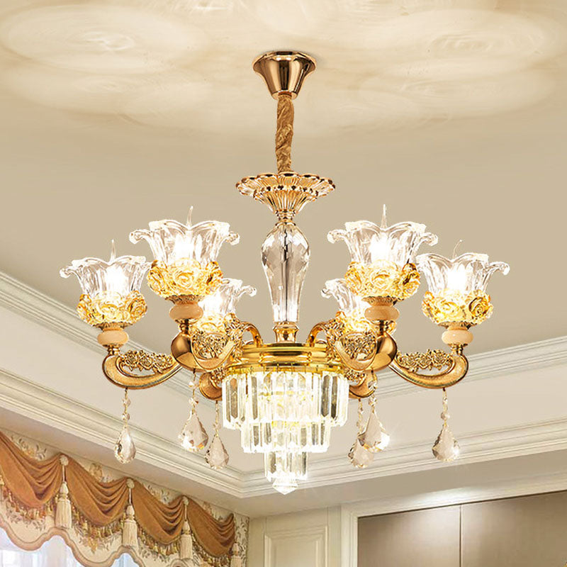 6 Lights Clear Glass Pendant Lamp Traditional Gold Flower Dining Room Chandelier with Tiered Crystal Accent