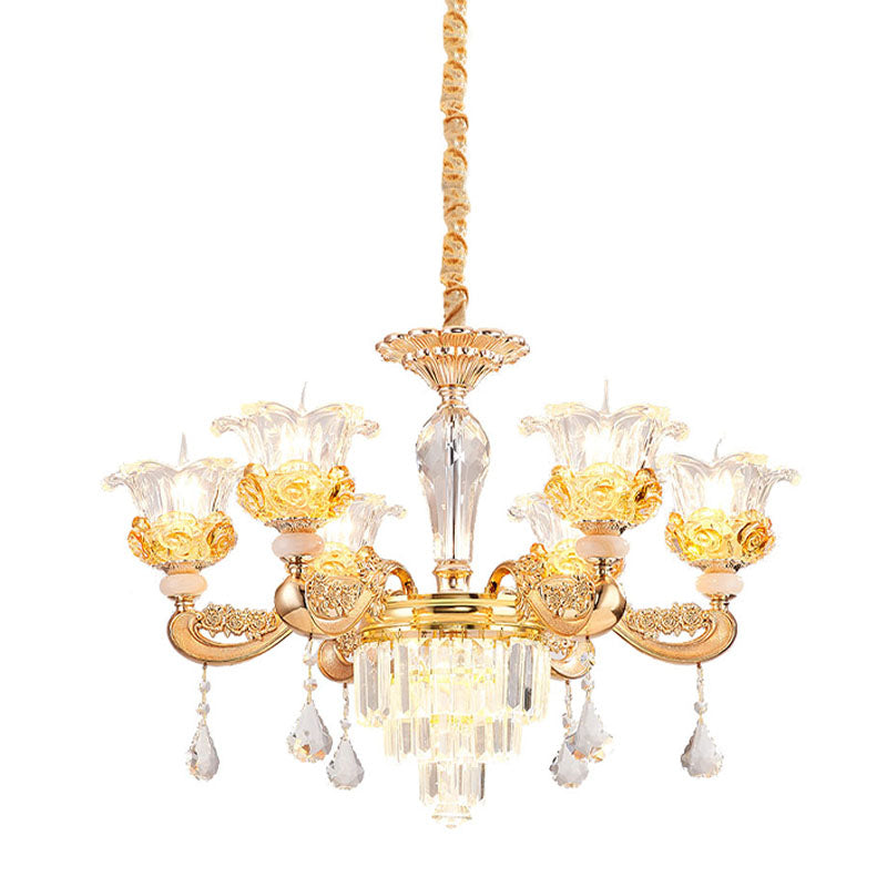 6 luci Lampada a sospensione in vetro trasparente tradizionale lampadario della sala da pranzo fiore oro con accento di cristallo a più livelli