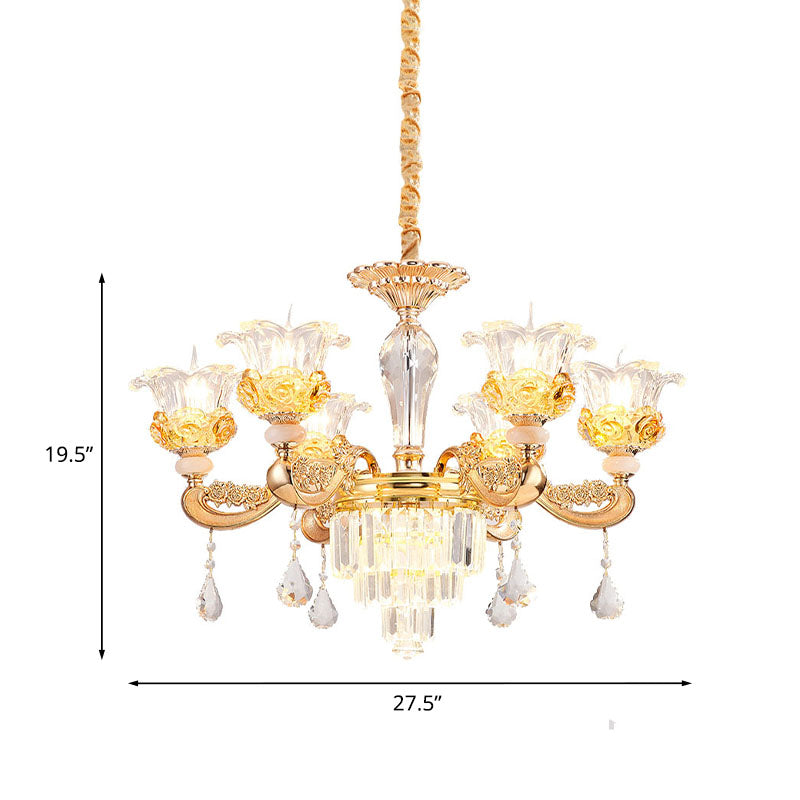 6 Lights Clear Glass Pendant Lamp Traditional Gold Flower Dining Room Chandelier with Tiered Crystal Accent