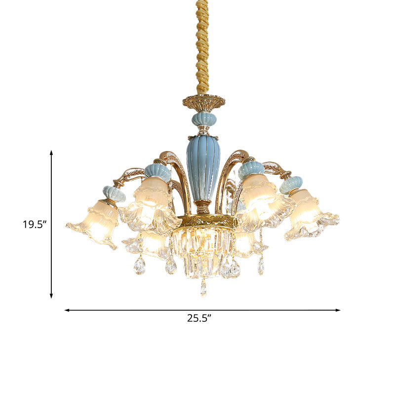Drooping Flower Frosted Glass Drop Lamp Rustic 6 Heads Bedroom Ceiling Chandelier in Blue