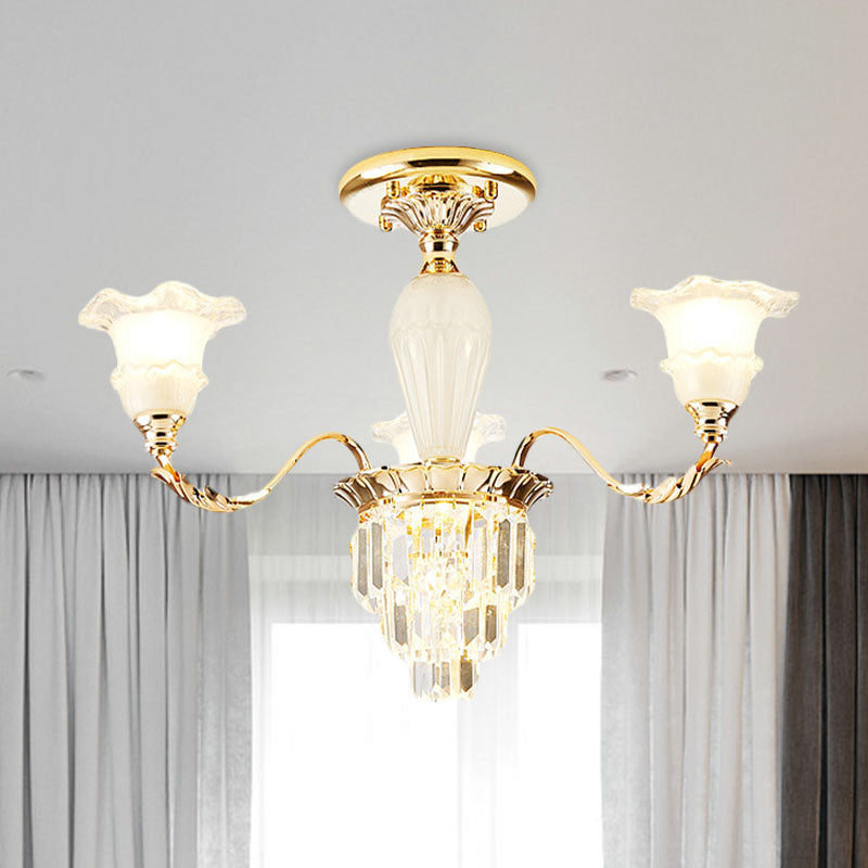 Tapered Crystal Prism Up Chandelier Modern 3/6-Light Bedroom Hanging Lamp with Ruffled Bell Frosted Glass Shade in Gold