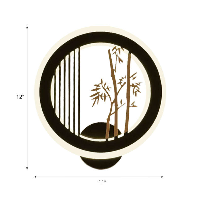Asia LED Mural Light Fixture Black Plum Tree/Bamboo Patterned Round Wall Mounted Lamp with Acrylic Shade