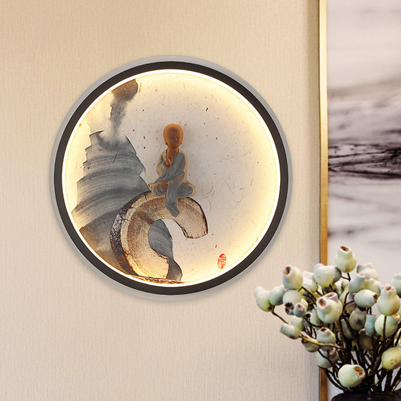 Asian Buddha Boy Mural Lamp Aluminum Bedroom LED Wall Mounted Lighting with Halo Ring in Black