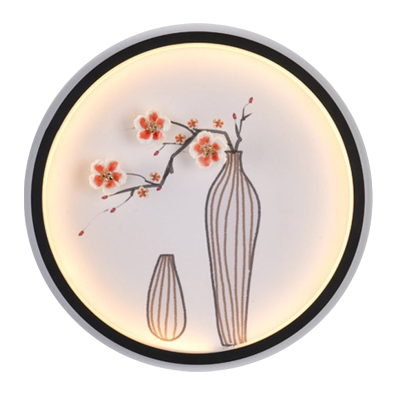 Plum and Vase Dining Room Mural Lighting Ceramic Minimalist LED Circle Wall Mount Lamp in Black