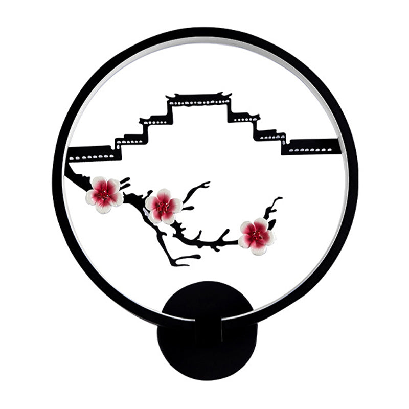Chinese Plum Flower Mural Lamp Ceramic Bedside LED Wall Lighting with Ring in Black