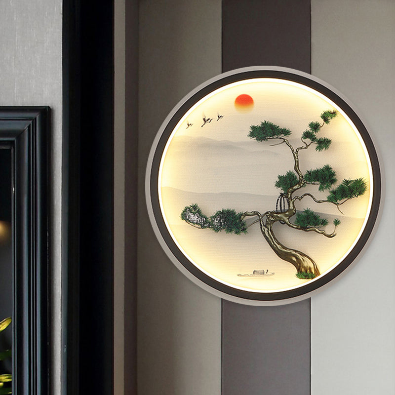 Green Pine Mural Light Fixture Asian Metal LED Wall Mounted Lamp with Black Round Frame