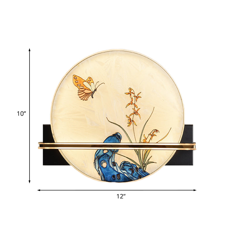 Butterfly LED Mural Light Fixture Asia Stained Glass Tearoom Circular Wall Mounted Lamp in Blue