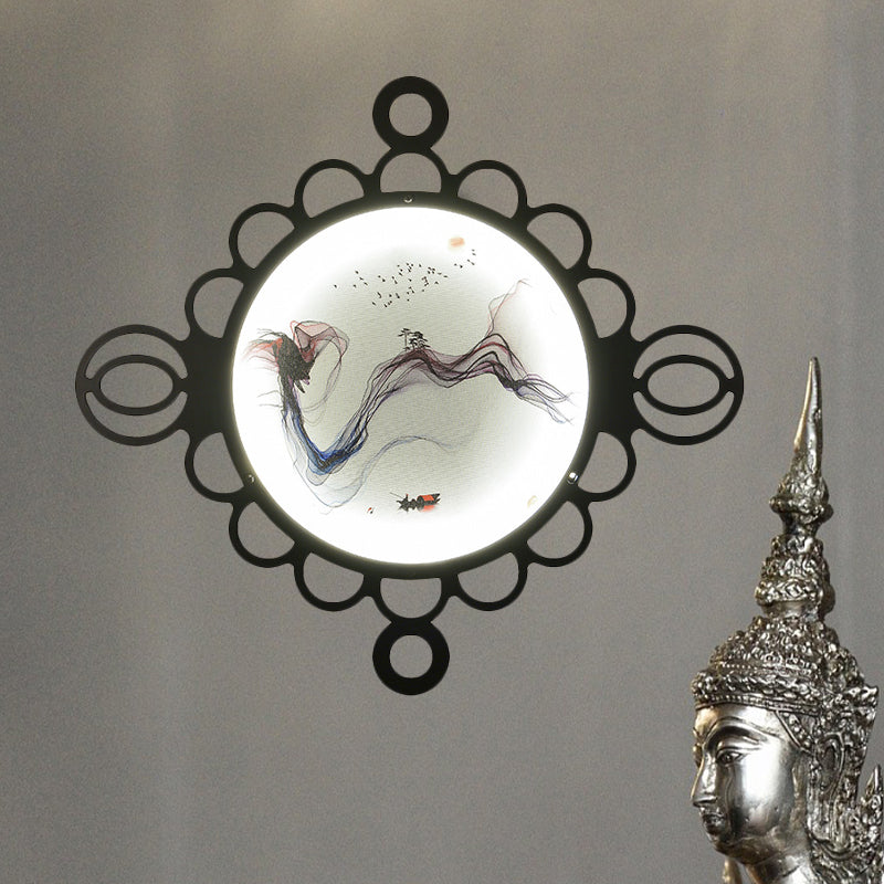 Mountain Painting Metal Mural Lamp Chinese Style Black LED Wall Mount Lighting with Circles Edge