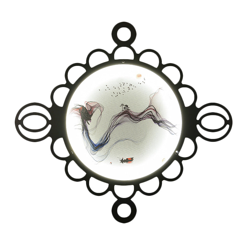 Mountain Painting Metal Mural Lamp Chinese Style Black LED Wall Mount Lighting with Circles Edge