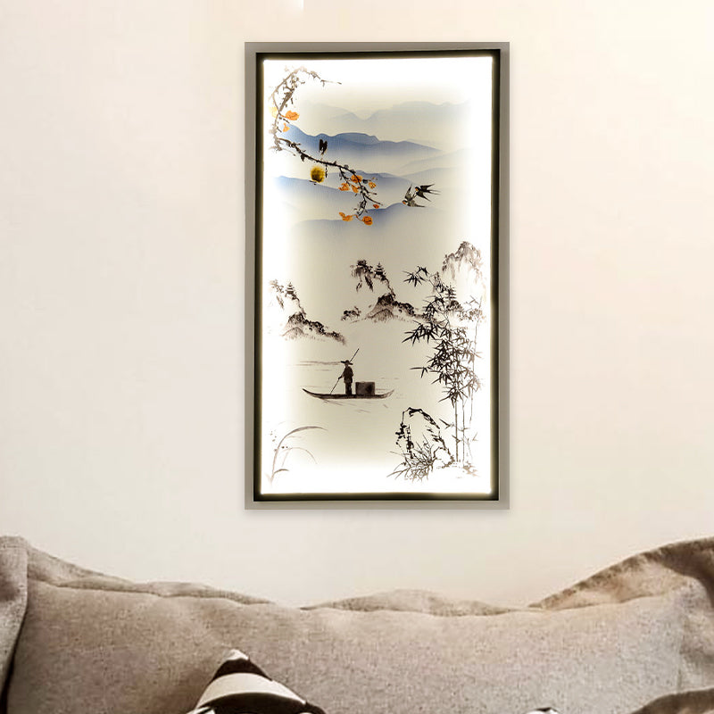 Fabric Boat Ride Mural Lighting Asian Black LED Wall Mounted Lamp for Living Room
