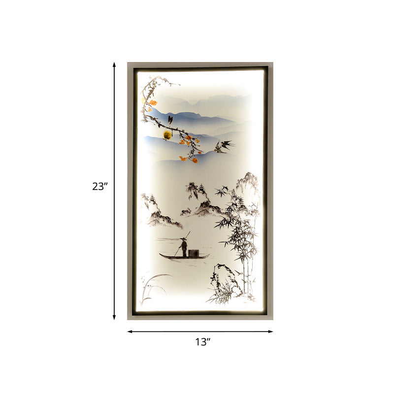Fabric Boat Ride Mural Lighting Asian Black LED Wall Mounted Lamp for Living Room