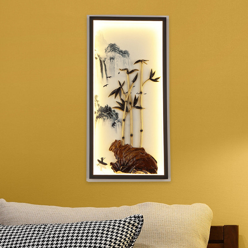 Chinese LED Wall Light Fixture Black Bamboo and Mountain Mural Lamp with Metal Frame