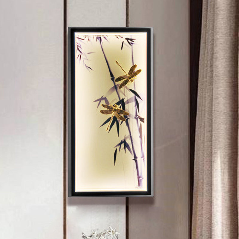 Bedroom LED Mural Lighting Chinese Black Wall Lamp with Dragonfly and Bamboo Print Fabric Shade
