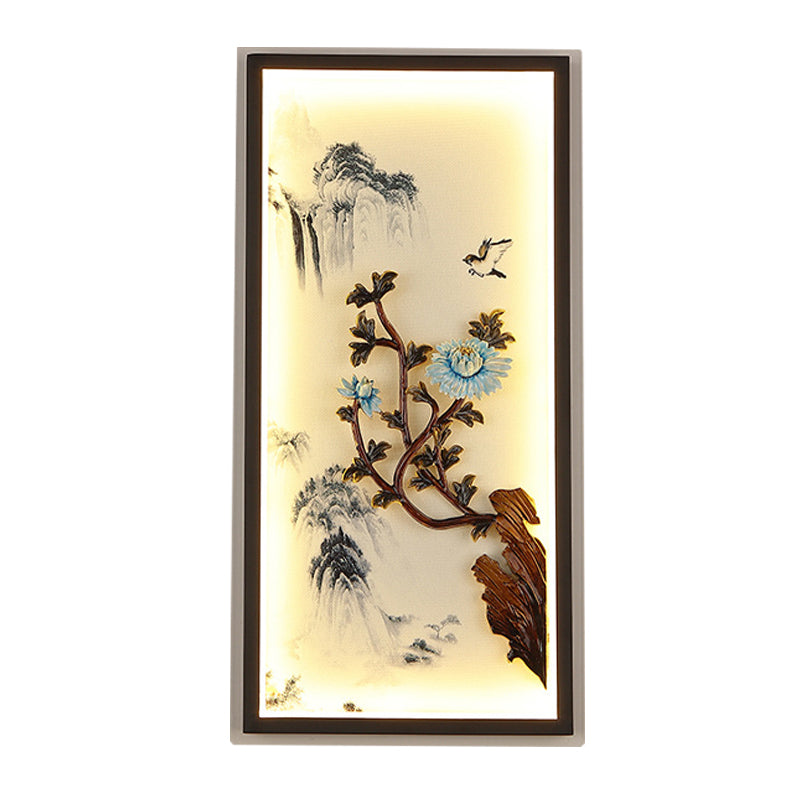 Chrysanths and Mountain Wall Mural Lamp Asian Aluminum Bedroom LED Sconce Light in Black