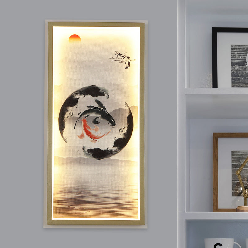 Gold-Black Fish Mural Light Fixture Asia Aluminum LED Rectangle Wall Mounted Lamp