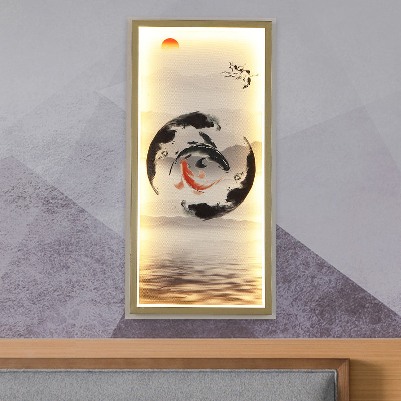 Gold-Black Fish Mural Light Fixture Asia Aluminum LED Rectangle Wall Mounted Lamp