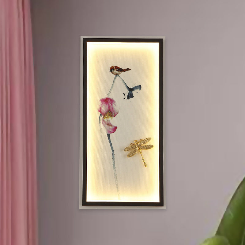 Asia LED Wall Mount Mural Lamp Black Dragonfly-Lotus Sconce Light with Metal Frame