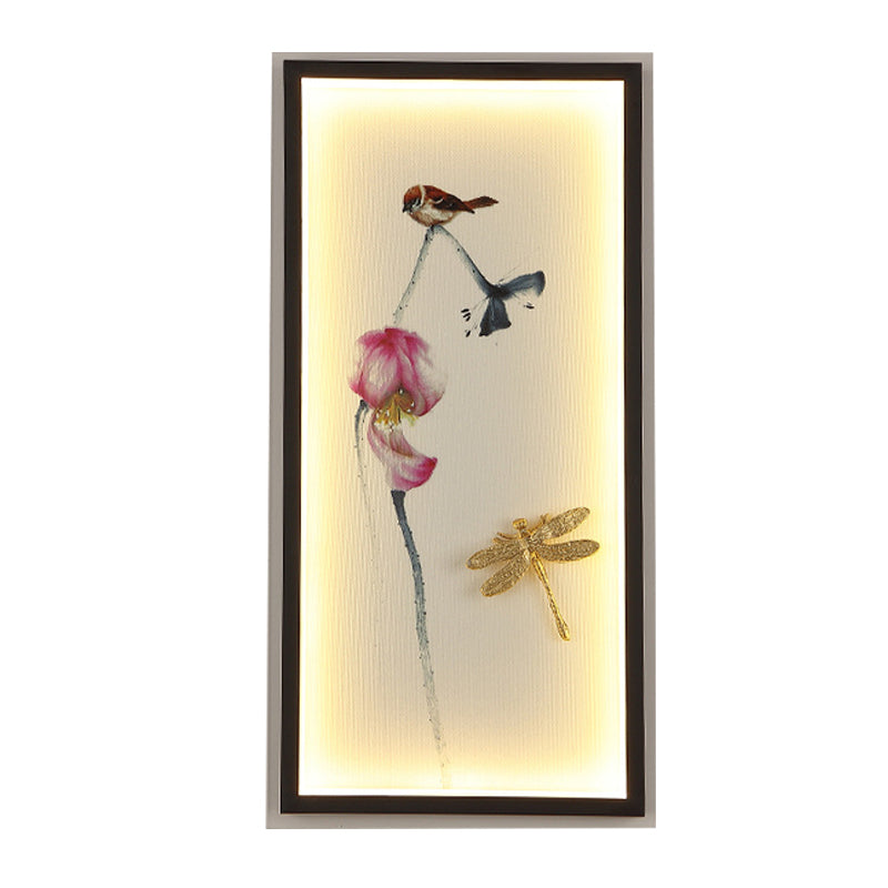 Asia LED Wall Mount Mural Lamp Black Dragonfly-Lotus Sconce Light with Metal Frame