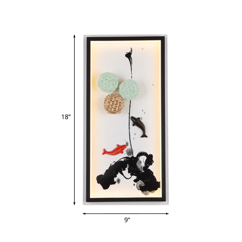Asia Carp and Lotus Seed Metal Mural Lamp LED Wall Light Sconce in Black for Hotel