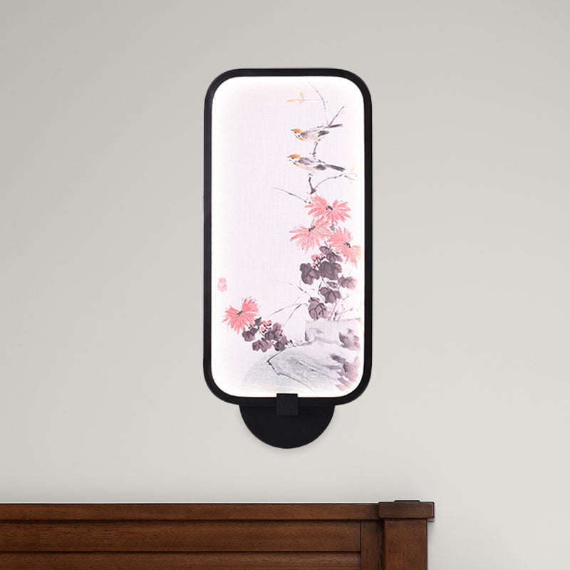 Metallic Chrysanths/Lotus Mural Lighting Chinese Black LED Wall Sconce Light Fixture for Sitting Room