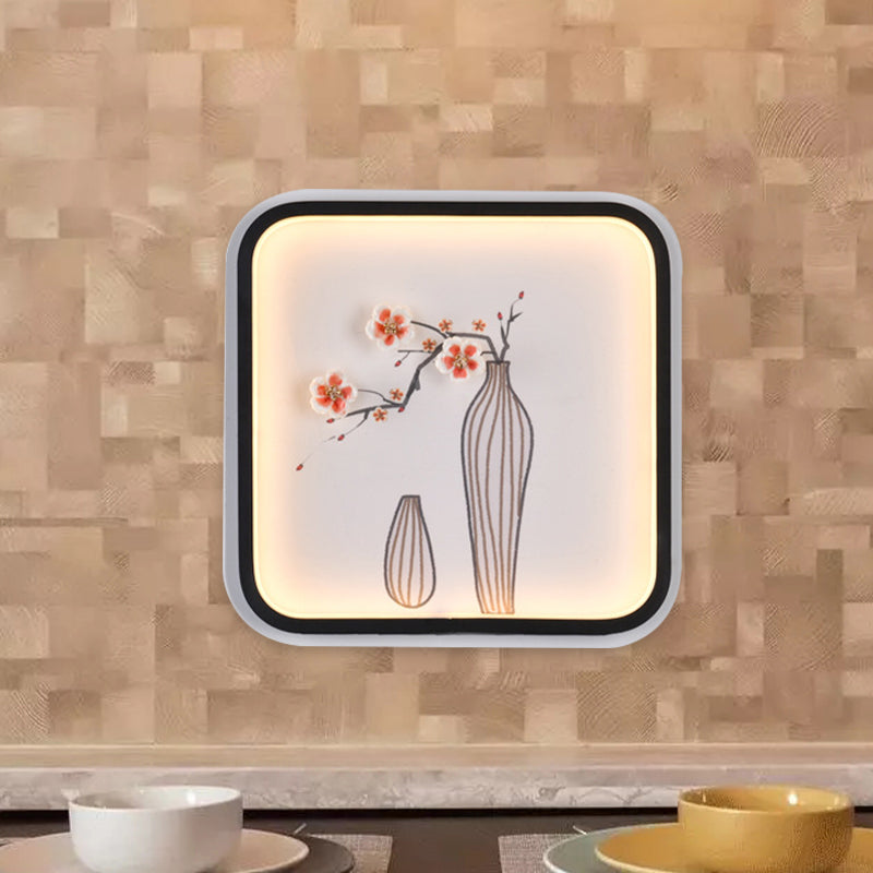 Asia Plum Flower Vase Ceramic Mural Light LED Wall Mount Lamp with Black Square Frame